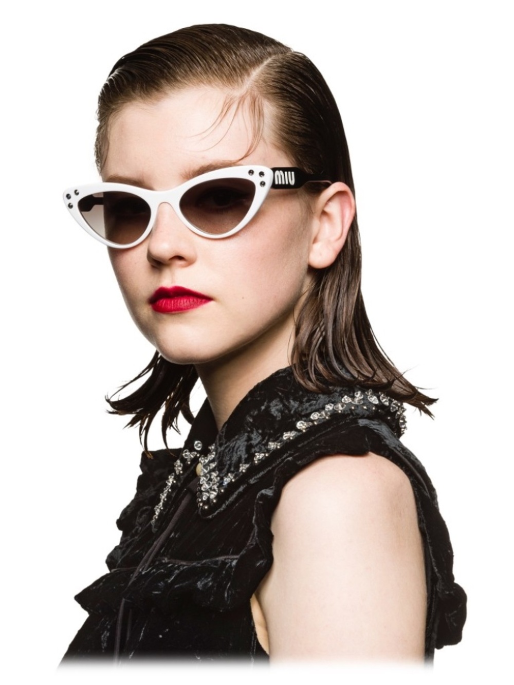 Rare Miu Miu Cat eye Sunglasses White w Black Arms w/Crystals Rare Glam SMU-05T